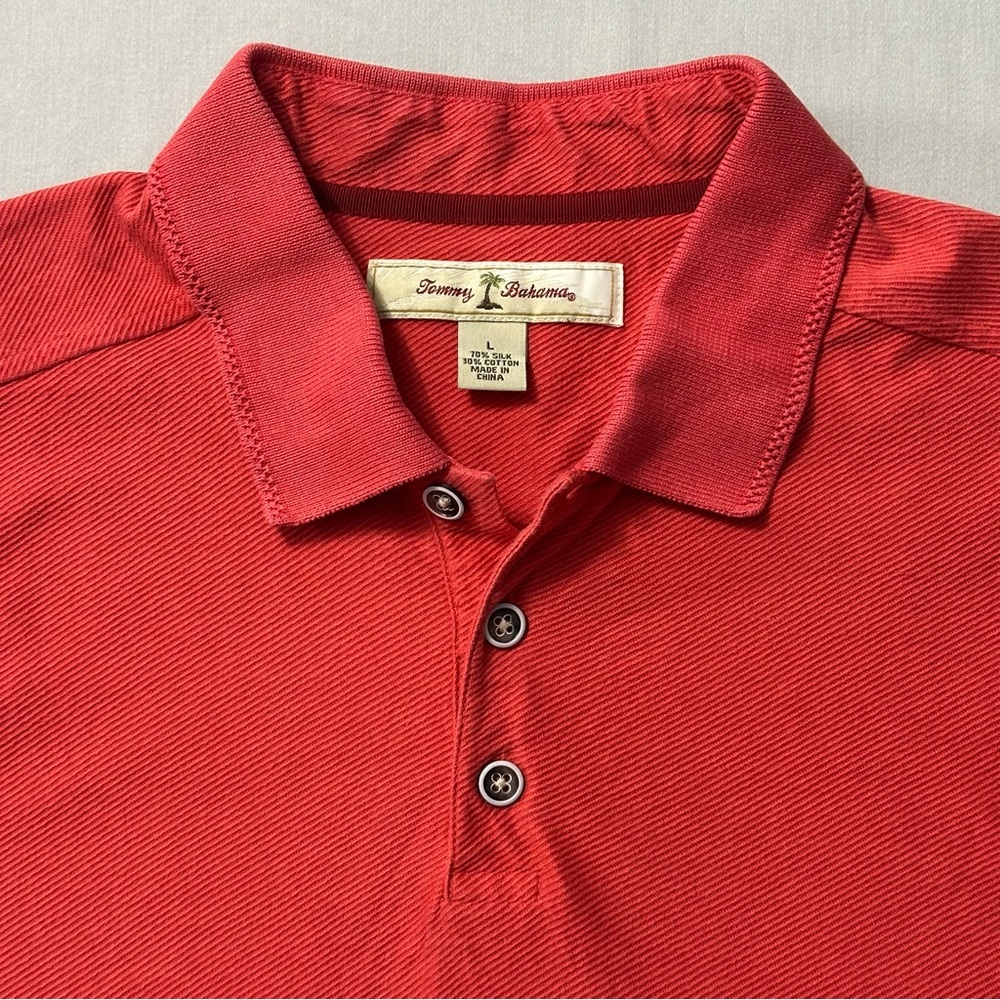 Tommy Bahama Silk Cotton Blend Polo Shirt Large Pink Coral Ribbed Short Sleeve